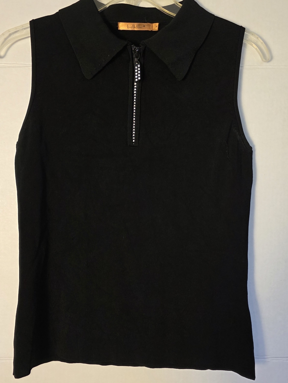 Belldini VintageY2K Black Ribbed Sleeveless Quarter Zip Rhinestone Polo Knit Top